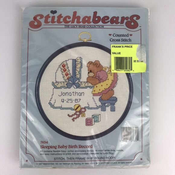 Stitchabears Counted Cross Stitch Kit # 7634 Sleeping Baby Birth Record 6" Hoop - Picture 1 of 3